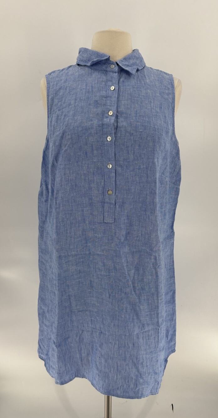Tahari Shirt Dress Womens 1X Blue 100% Linen Buttons Sleeveless Casual Collared
